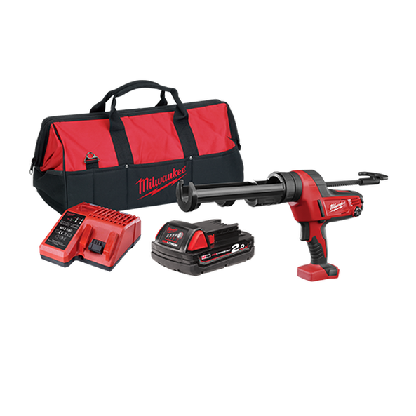 Milwaukee M18™ C18PCG/310C-201B Caulk Gun with 310ml Canister Kit with 1 x 2.0 Ah Battery, Charger & Tool Bag