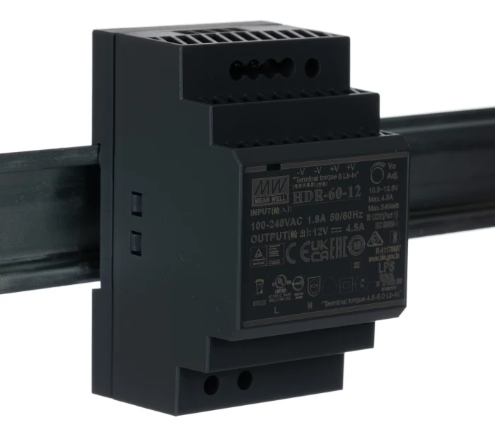 MEAN WELL HDR Switched Mode DIN Rail Power Supply, 85 → 264 V ac, 120 → 370V dc, 12V dc dc Output, 4.5A