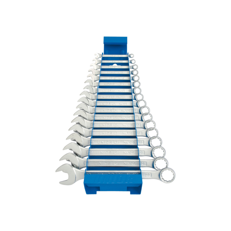 Unior Set of combination wrenches, short type on metal stand