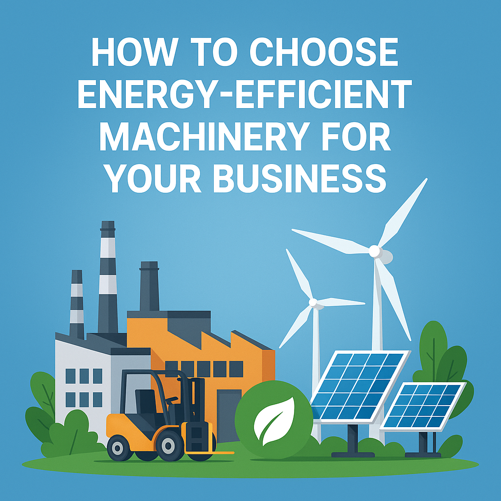 Eco-industrial banner showing modern energy-efficient factory with solar panels and wind turbines.